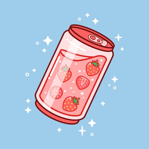 Vector de ilustración de dibujo de cristal de lata de refresco de fresa