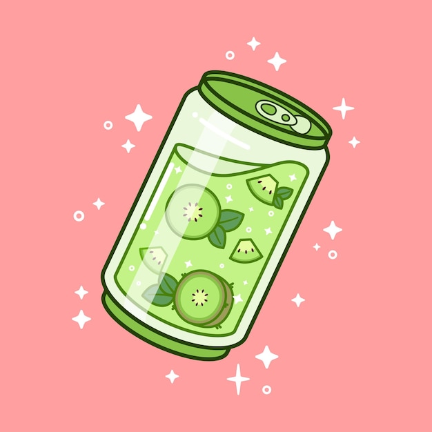 Vector de ilustración de dibujo de cristal de lata de refresco de kiwi