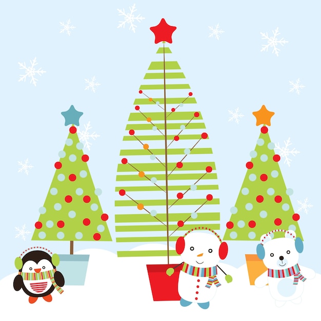 Vector ilustración de dibujos animados con lindo pingüino y muñeco de nieve al lado de árbol de Navidad