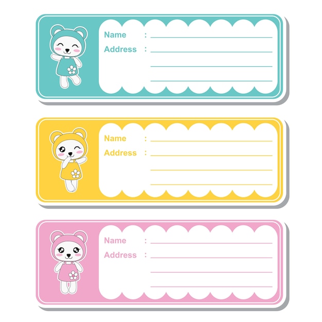 Vector ilustración de dibujos animados con lindos pandas kawaii sobre fondo de colores adecuado para el diseño de etiqueta de dirección de niño, etiqueta de dirección y pegatina imprimible conjunto