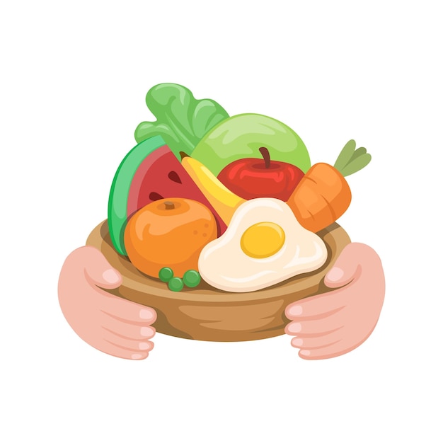 Vector de ilustración de dibujos animados de símbolo de comida saludable en la mano