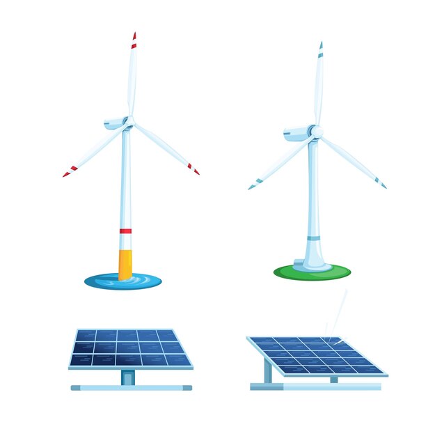 Vector de ilustración de dibujos animados de símbolo de energía alternativa de turbina eólica y panel solar