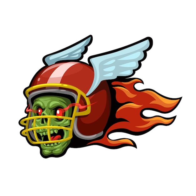Vector de ilustración de dibujos animados de Zombie Wear Rugby Helmet on Fire Sticker Mascot Cartoon
