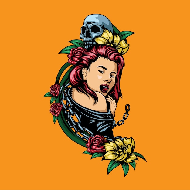 Vector vector de ilustración de diseño de calavera y chicas de tatuaje