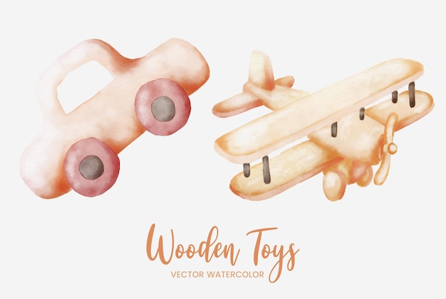 Vector vector de ilustración de diseño gráfico de arte de colección de acuarela de juguetes de madera de coche y avión