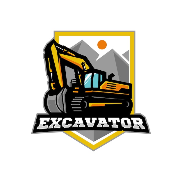 Vector de ilustración del diseño del logotipo de la excavadora en la carretera para una empresa de construcción