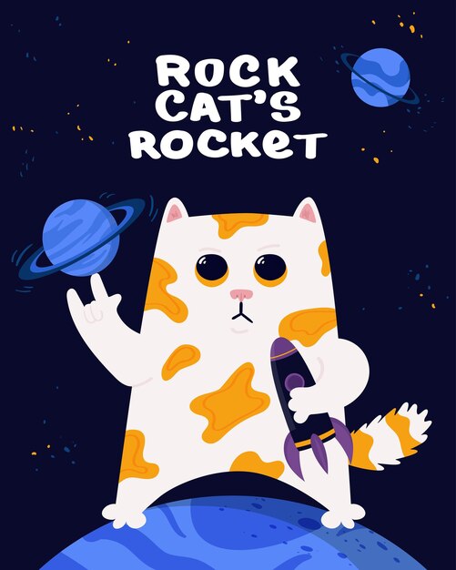 Vector ilustración divertida rock gatos cohete letras dibujadas a mano diseño espacial