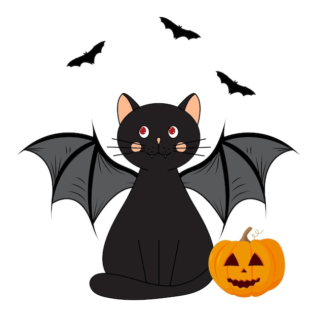 Vector vector ilustración espeluznante cartoon cute vampire cat bats lámpara de jack aislada sobre fondo blanco