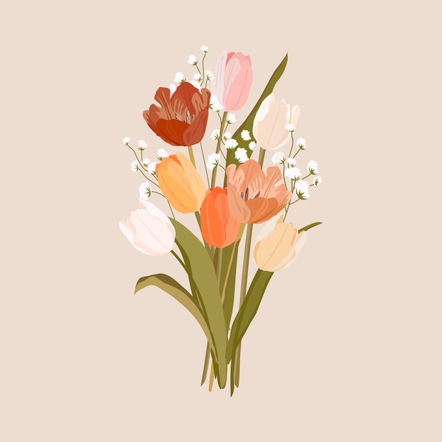 Vector de ilustración estética de flores con clipart de un ramo de tulipanes