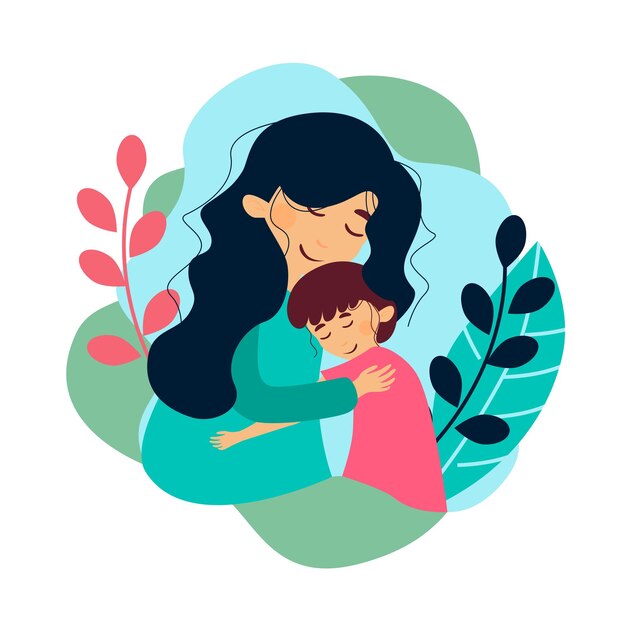 Vector, ilustración, de, familia feliz, parientes, abrazo, concepto, con, flores, y, hojas, decoraciones, en, un, fondo blanco