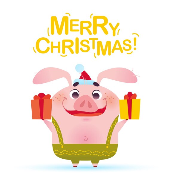 Vector ilustración de feliz Navidad con lindo personaje de cerdito sonriente en sombrero de Santa con caja de regalo en estilo de dibujos animados plano aislado sobre fondo blanco. Símbolo de año nuevo y vacaciones de Navidad.