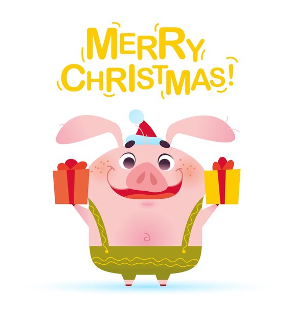 Vector ilustración de feliz navidad con lindo personaje de cerdito sonriente en sombrero de santa con caja de regalo en estilo de dibujos animados plano aislado sobre fondo blanco. símbolo de año nuevo y vacaciones de navidad.