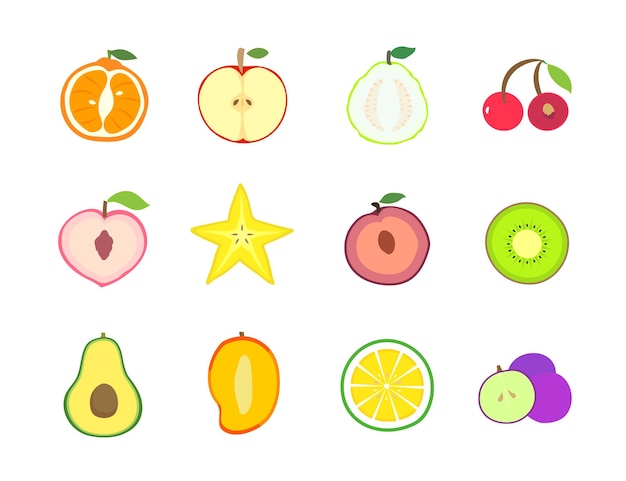 Vector vector de ilustración de frutas simpáticas y coloridas cortadas en medias rebanadas