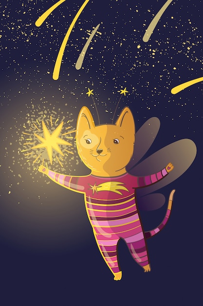 Vector vector ilustración de hadas de niños con gato de ensueño y estrellas.