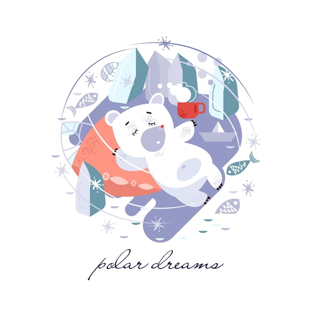 Vector ilustración de invierno de un oso polar dormido elementos de invierno de plantas y peces año nuevo invierno imagen nieve lindo oso en una guarida plantilla de texto imagen plana