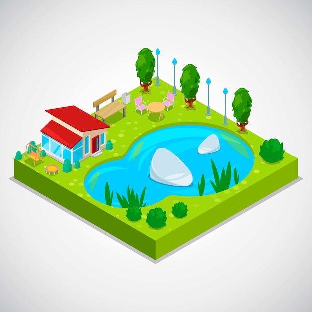 Vector ilustración isométrica 3d de casa de campo con hierba verde