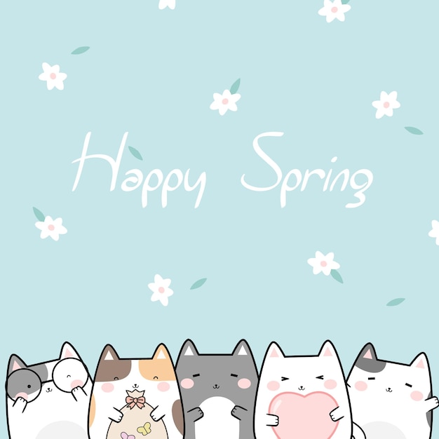 Vector ilustración kawaii lindo gato dibujos animados garabato fondo con texto - Feliz primavera.