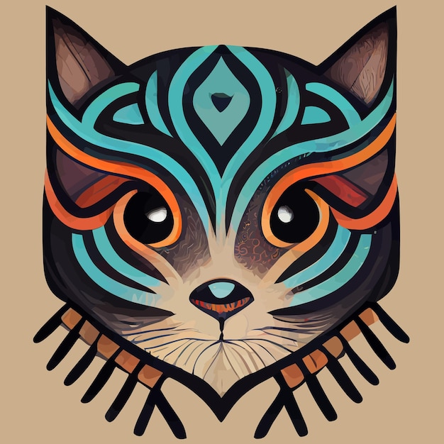 Vector de ilustración de lindo gato en estilo tribal de dibujo a mano, imagen para imprimir camisa