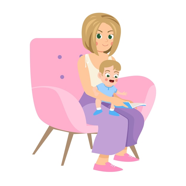 Vector, ilustración, madre, sentado, y, tenencia, poco, bebé