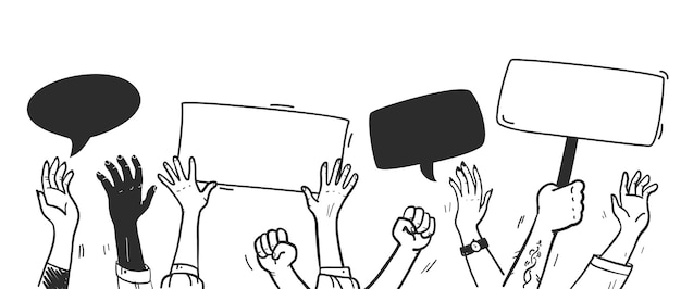 Vector ilustración de manifestación y voto con manos arriba y pancartas aisladas sobre fondo blanco. Estilo de contorno dibujado a mano. Bueno para pancartas, carteles, carteles, flayer, diseño publicitario, etc.