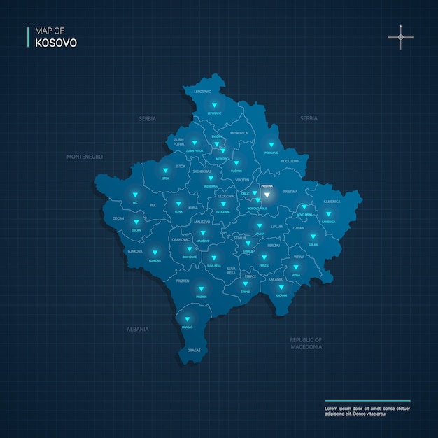 Vector ilustración de mapa de Kosovo con puntos de luz de neón azul