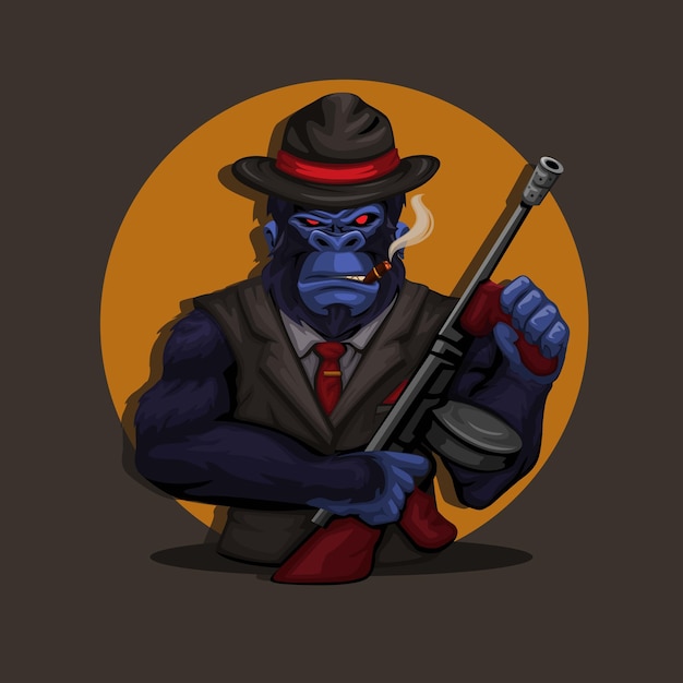 Vector de ilustración de mascota de personaje de traje de mafia mono gorila