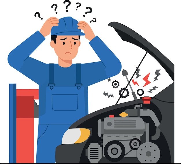 Vector de ilustración mecánica de resolución de problemas del motor de automóvil con signos de interrogación