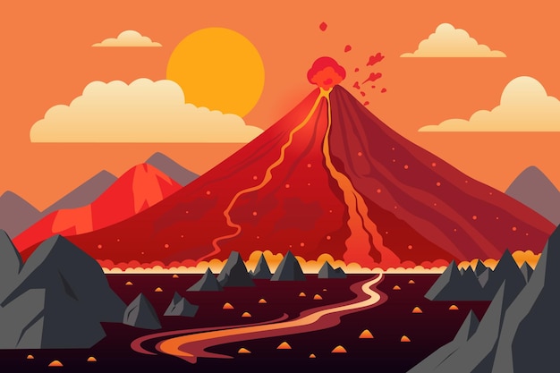 Vector ilustración natural paisaje de verano con montañas y erupción volcánica volcanes humeantes
