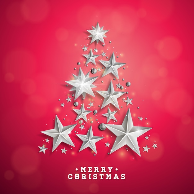 Vector ilustración de Navidad y año nuevo con árbol de Navidad hecho de estrellas de papel de recorte sobre fondo rojo. Diseño de vacaciones para tarjetas de felicitación, póster, pancarta.