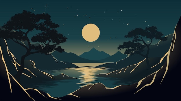 Vector ilustración de noche tranquila con luna y río