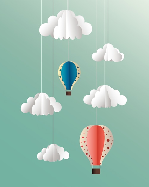 Vector ilustración de nubes y globos de papel