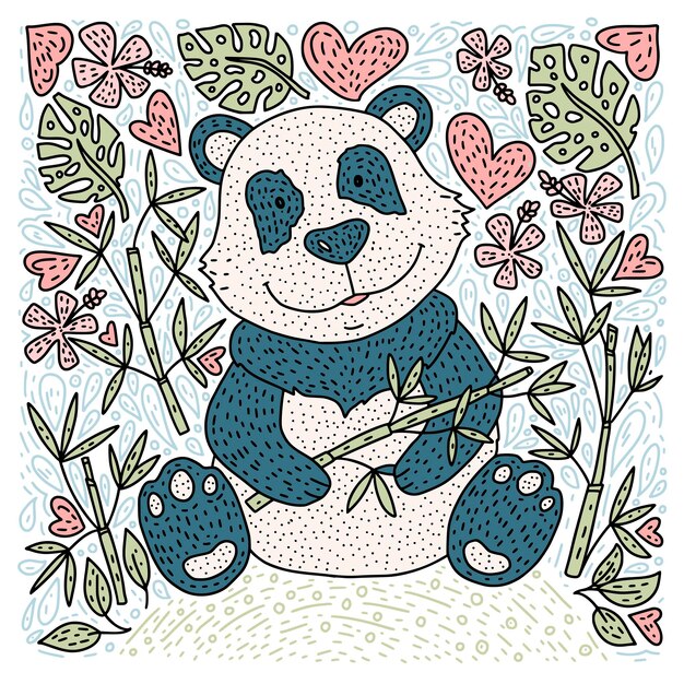 Vector de ilustración de oso panda con tarjeta de dibujos animados dibujados a mano de bambú
