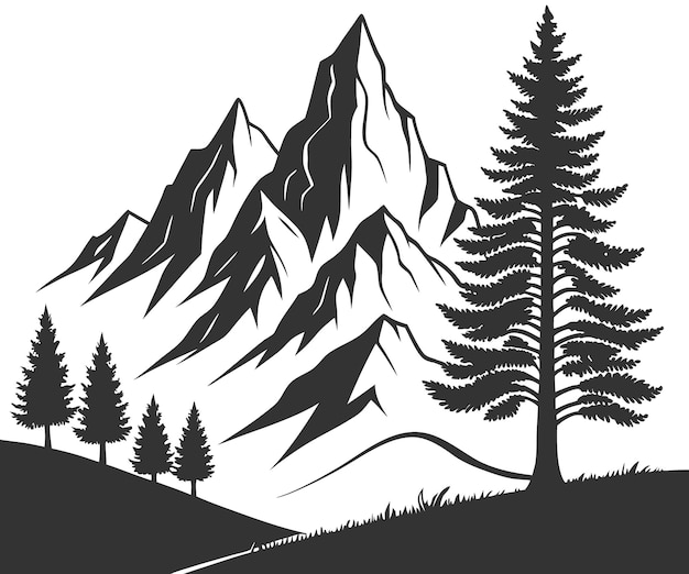 Vector de ilustración de paisajes en blanco y negro de la noche de la montaña