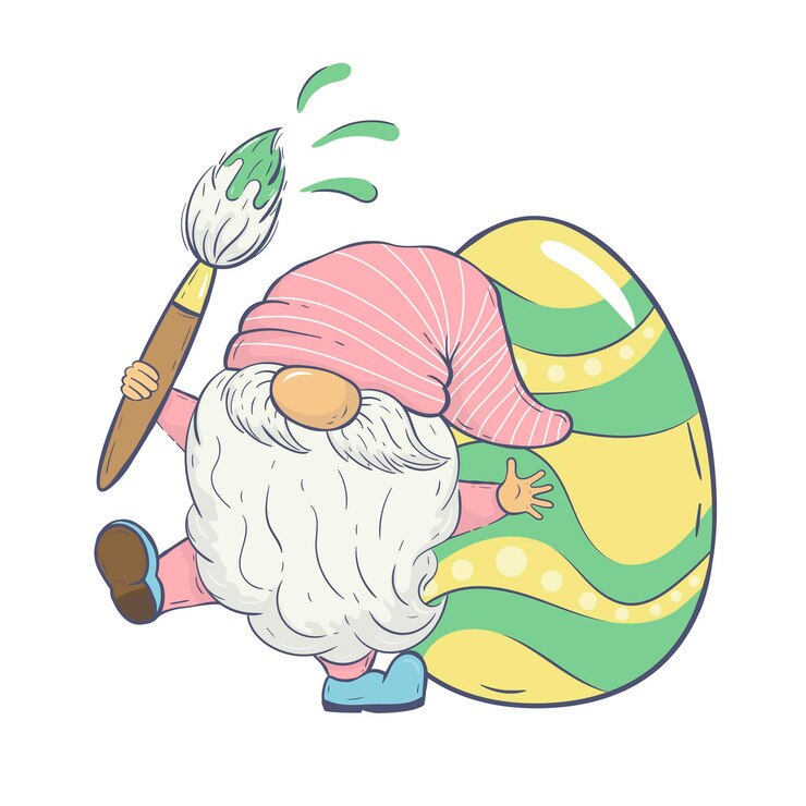 Vector vector ilustración de pascua con un gnomo de primavera con un pincel en sus manos pintando un huevo enorme para tarjetas invitaciones diseño de empaque carteles impresiones