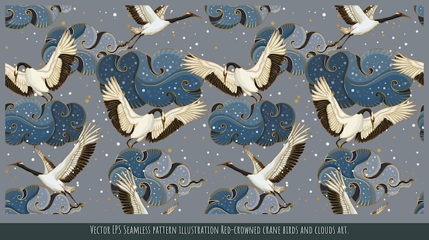 Vector ilustración de patrones sin fisuras Arte japonés de pájaros grúa de corona roja.