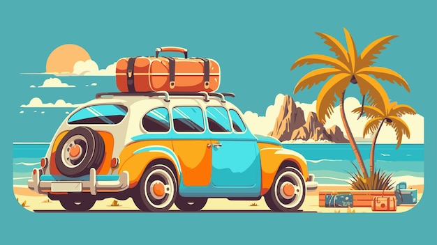 Vector ilustración plana de coche de vacaciones con maleta en él fondo de viaje