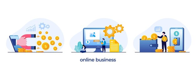 Vector de ilustración plana de comercio electrónico de empresarios de proceso de negocio de negocios en línea