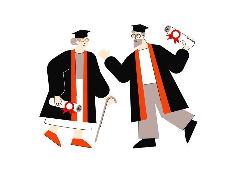 Vector ilustración plana de dos graduados ancianos con diplomas y sombreros