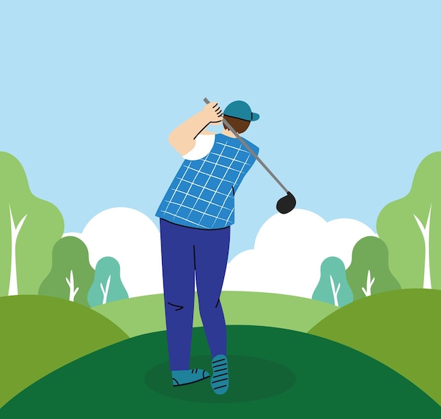 Vector vector ilustración plana hombre jugando al golf en el campo de golf de hierba