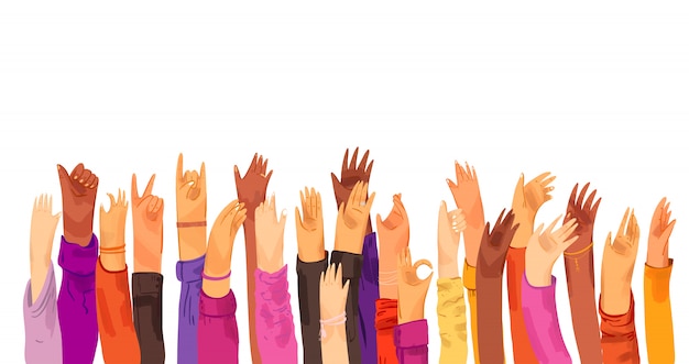 Vector ilustración plana de manos humanas levantadas, multirraciales. concepto de educación, formación empresarial, voluntarios, votación - manos levantadas en cuclillas, aislado