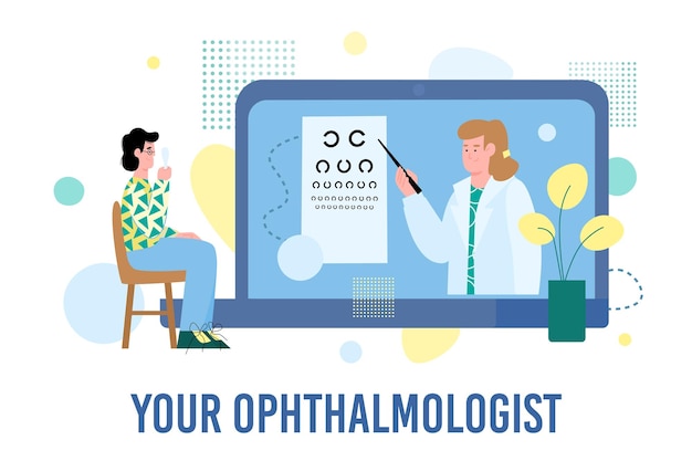 Vector ilustración plana de un paciente con gafas comprobando su visión y médico oftalmólogo. Concepto de examen médico y consulta en línea. Estilo de vida saludable