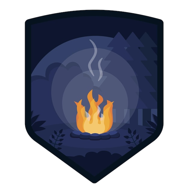 Vector ilustración plana Scout insignia Fogata leña campamento bosque noche