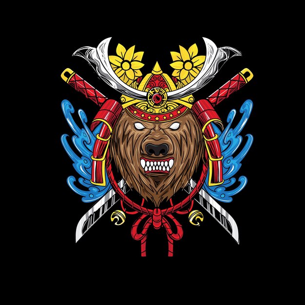 Vector de ilustración Samurai de cabeza de oso perfecto para camisetas y mercancías