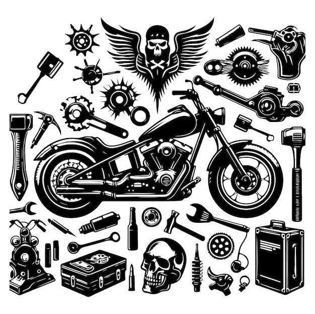 Vector de ilustración de la silueta de los elementos de la motocicleta