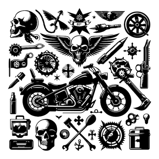 Vector de ilustración de la silueta de los elementos de la motocicleta