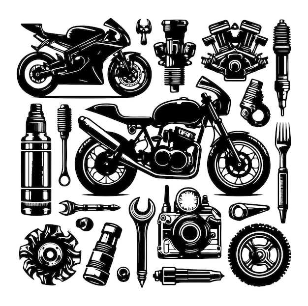 Vector de ilustración de la silueta de los elementos de la motocicleta