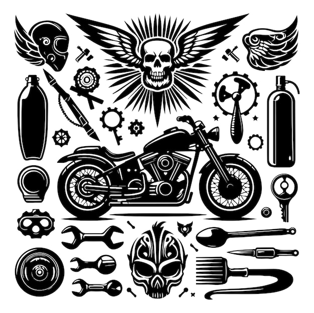 Vector de ilustración de la silueta de los elementos de la motocicleta