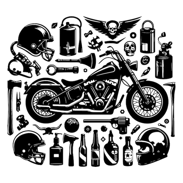 Vector de ilustración de la silueta de los elementos de la motocicleta