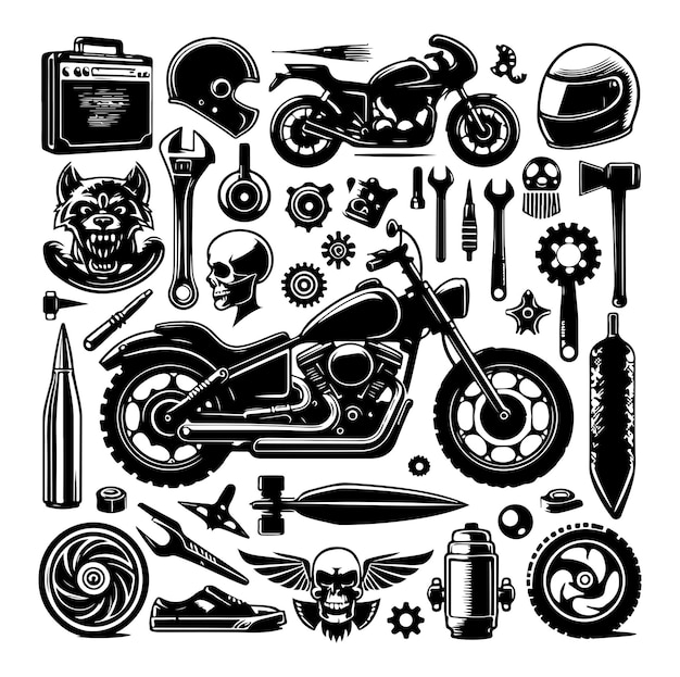 Vector de ilustración de la silueta de los elementos de la motocicleta