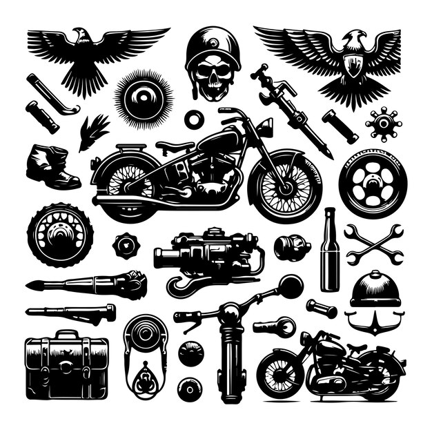 Vector de ilustración de la silueta de los elementos de la motocicleta